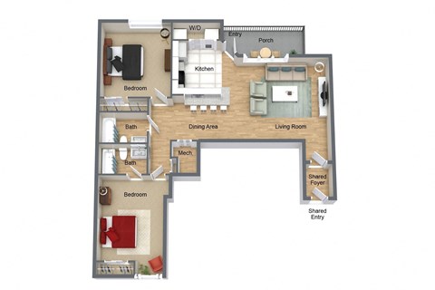Floor plan for 2 beds, 2 baths, 989 sqft